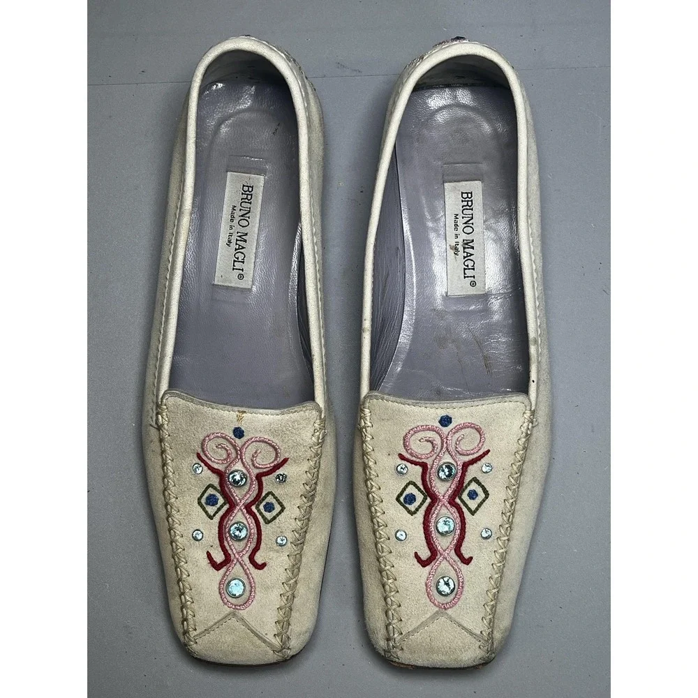 Bruno Magli Shoes Womens EU 36 Beige Suede Loafers‎ Flats Embroidered Rhinestone